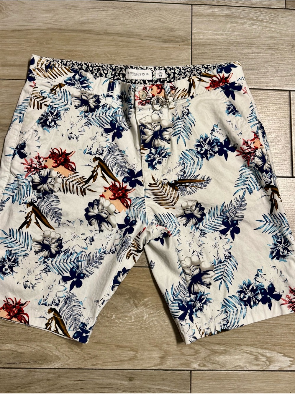 Denim & Flower White Floral Shorts with Navy & Red Accents